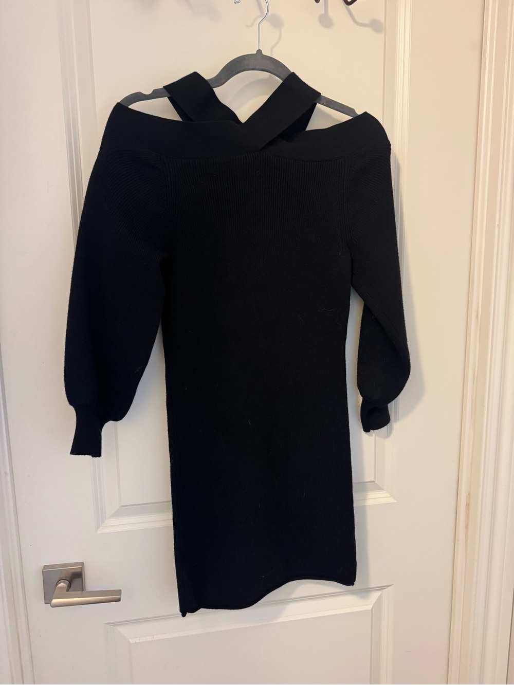 Black Off-Shoulder Knit Dress with Cross-Strap Detail